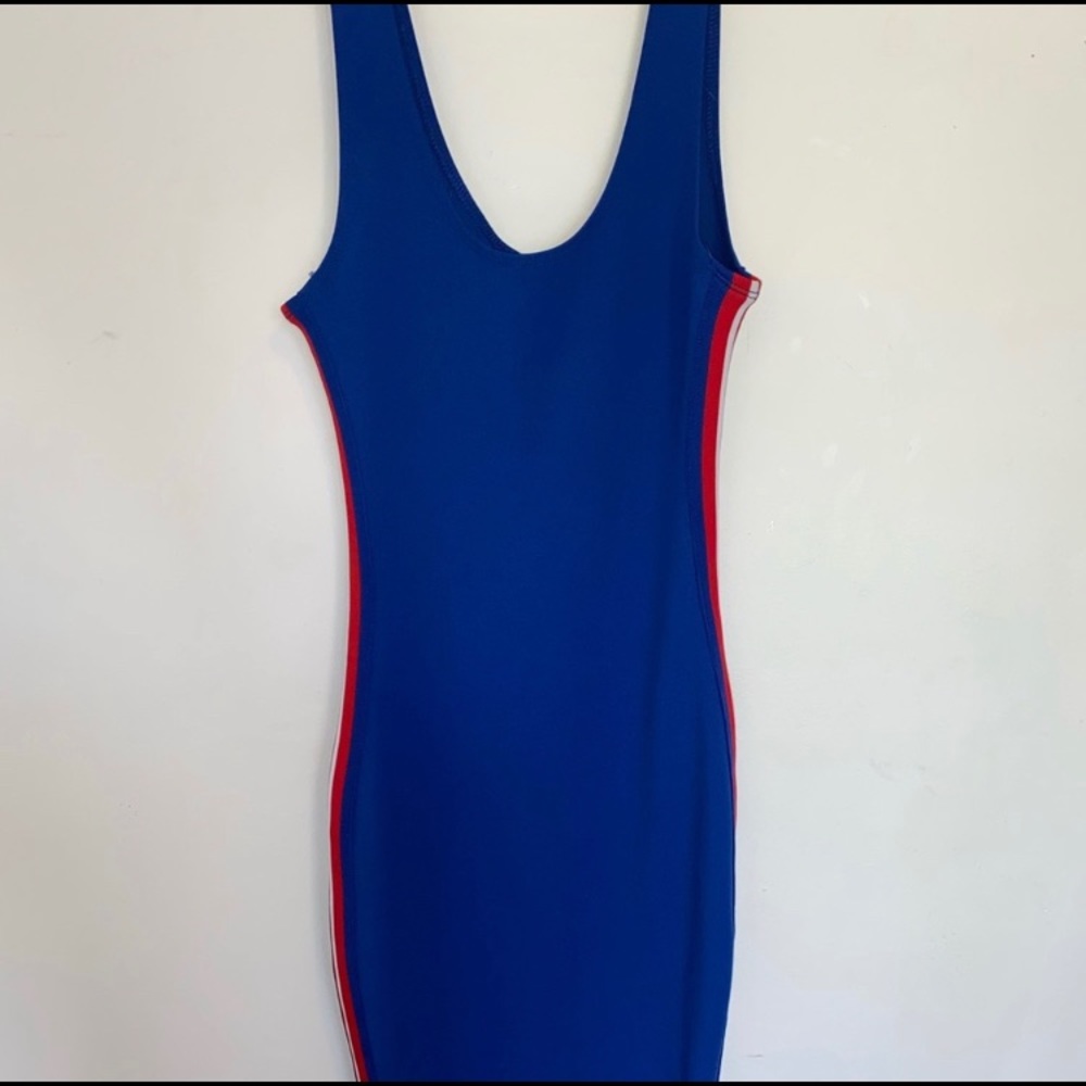 Blue body fitted dress red white stripes xs